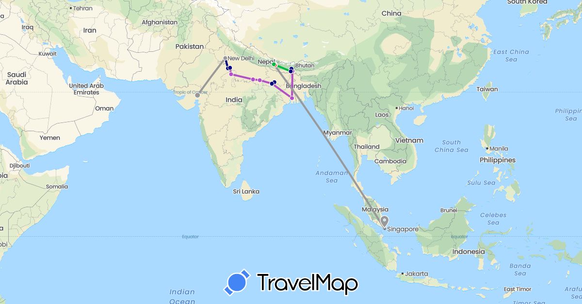 TravelMap itinerary: driving, bus, plane, train, hiking in India, Nepal, Singapore (Asia)